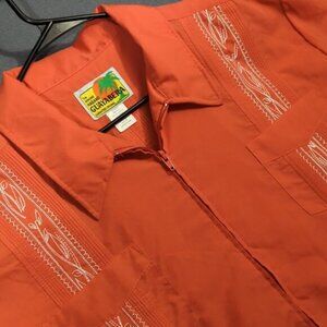 Haband Guayabera Shirt Men's XXL Coral Zip Up Short Sleeve White Embroidery